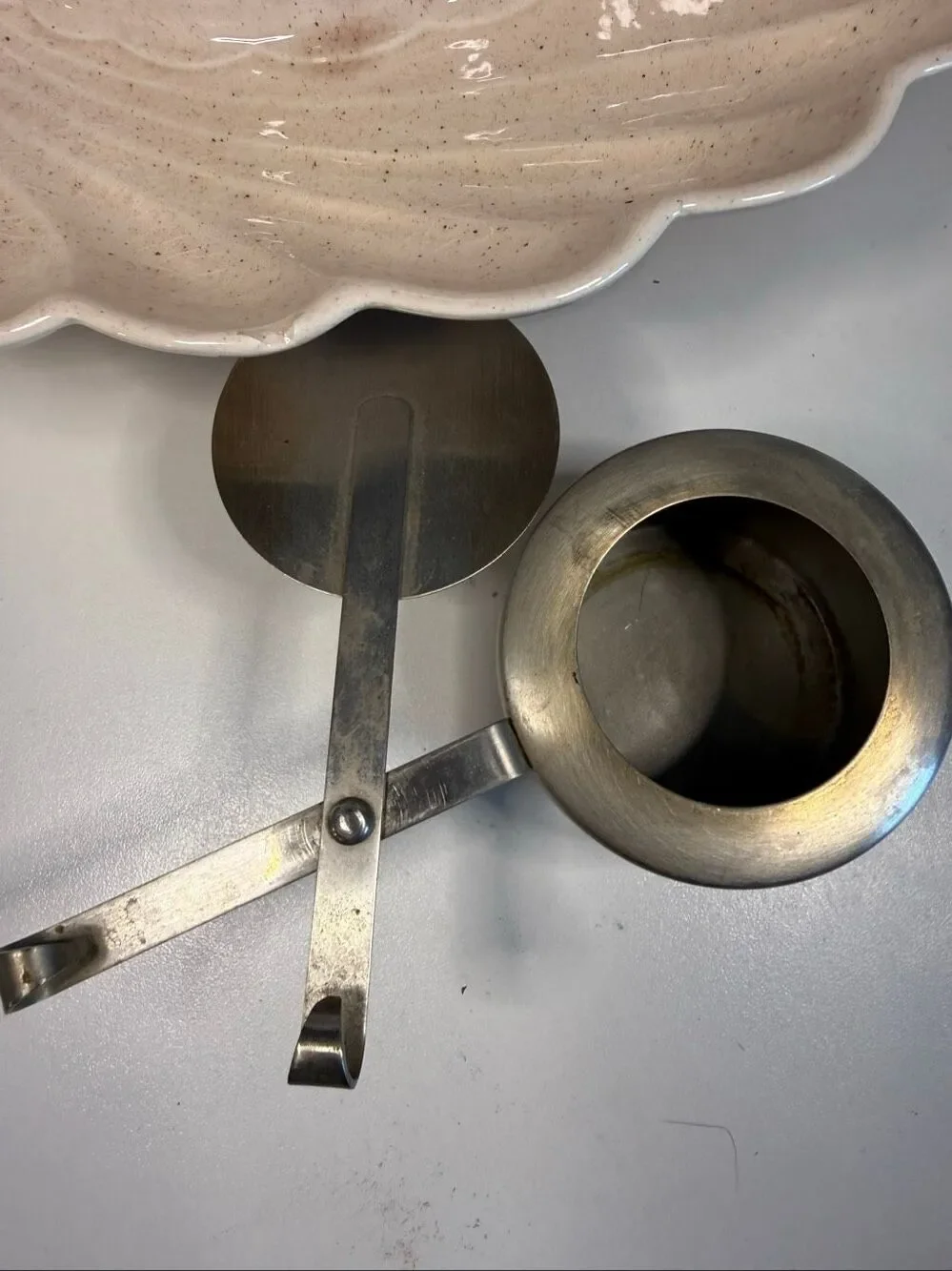 Mid Century Modern Stainless Steel Fondue Set with Lane Ceramic Dishes